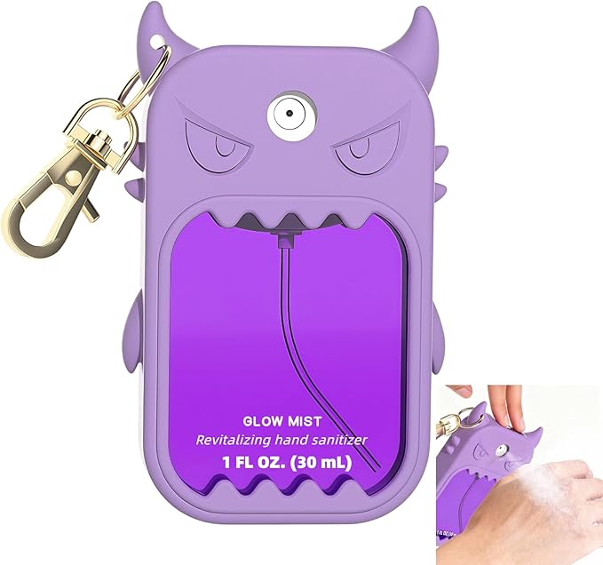 Hand Sanitizer Case Compatible with Touchland 1 Fl Oz, Cute Monster Silicone Spray Holder with Keychain for Bags, Purple