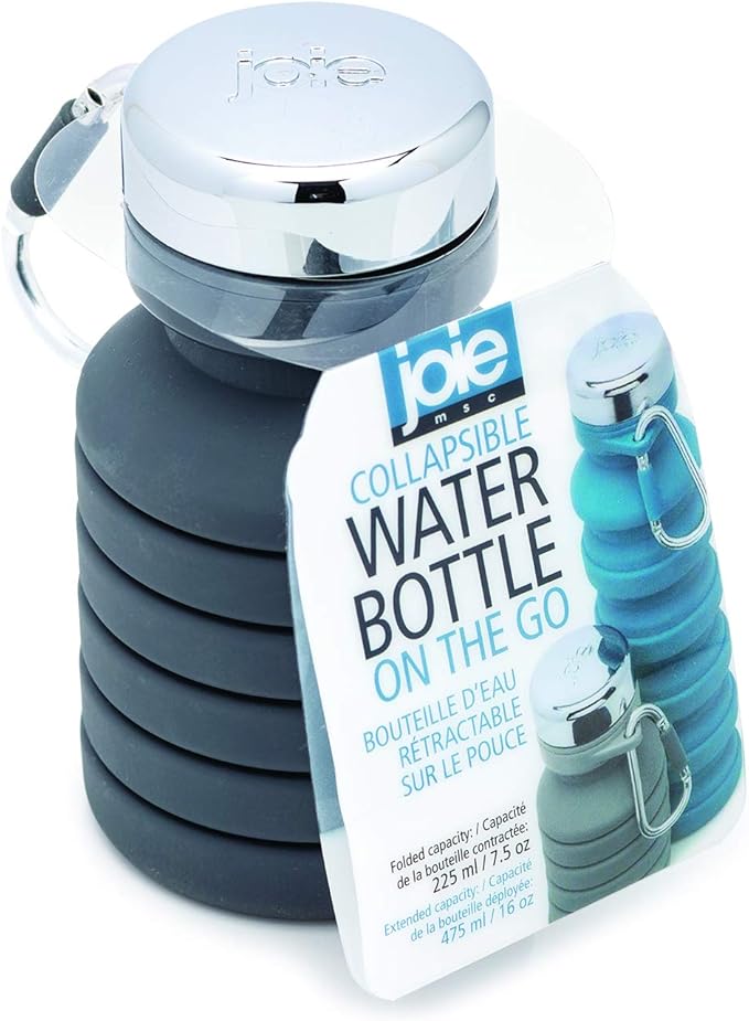 Joie Collapsible Water Bottle On The Go with Carabiner, Expands from 7.5 Ounces up to 16 Ounces, Silicone, Leak-Proof, BPA-Free, Space-Saving for Travel and Hiking, Colors May Vary