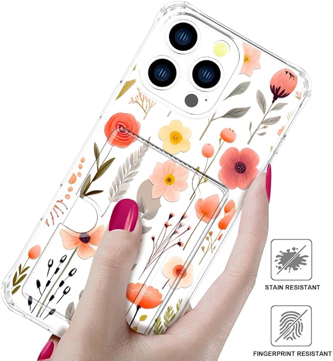 Compatible with iPhone 16 Pro Max Case Card Holder for Women Cute Design,Wallet Phone Cases Transparent Cool Kawaii Protective (Clear Flowers Leaves)