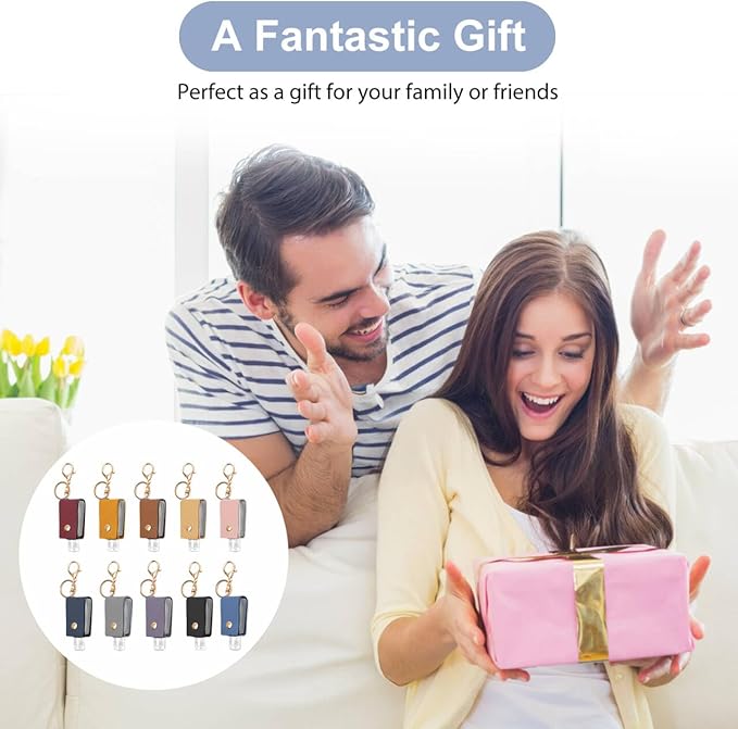 10PCS Hand Sanitizer Holders, 30ML Leather Keychain Holder Bottles Cases, Travel Size Empty Squeeze Bottle for Toiletry Shampoo Lotion Soap