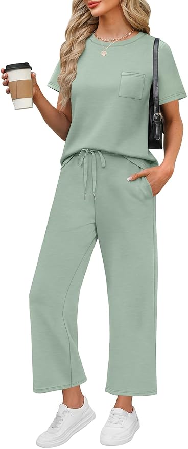 WIHOLL 2 Piece Sets for Women Casual Summer Travel Vacation Outfits Short Sleeve Wide Leg Crop Pants Lounge Sets