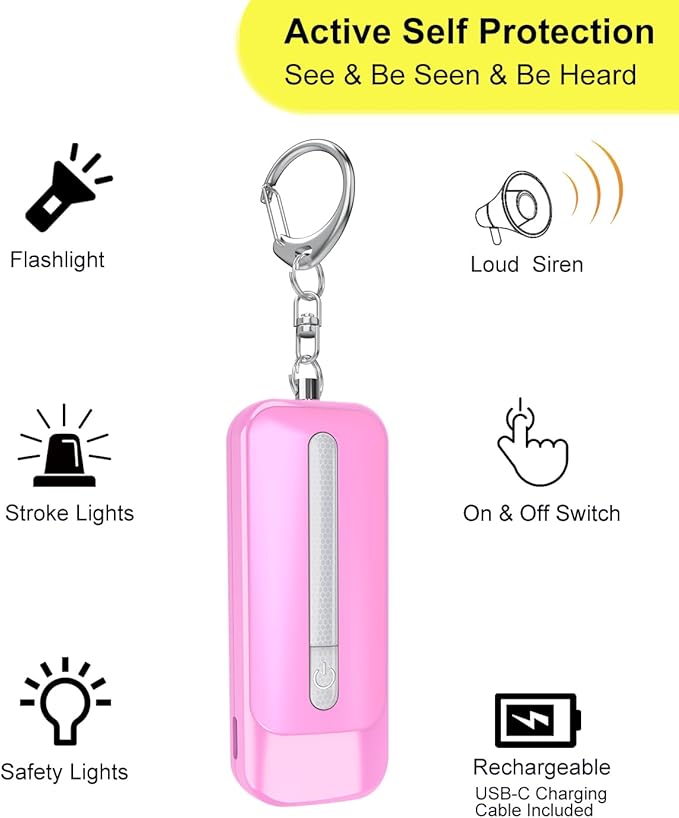 Personal Alarm for Women, Rechargeable with Safety Lights & Low Battery Notice, 130dB Siren with LED Flashlight Strobe Light for Emergency, Dual Light Sources Safety Keychain