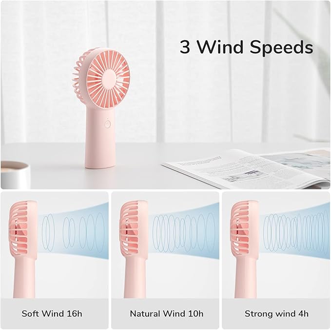 JISULIFE Handheld Fan, 4000mAh Portable Small and Personal USB Rechargeable Pocket [4-16H Working Time] Battery Operated Hand Fan with 3 Speeds for Outdoor/Travel, Summer Gift for Women Men-Pink