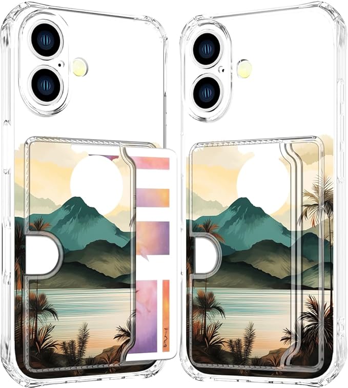 Compatible with iPhone 16 Plus Case Card Holder for Women Cute Design,Wallet Phone Cases Transparent Cool Kawaii Protective (Clear Ocean Sun Mountains Sunset)