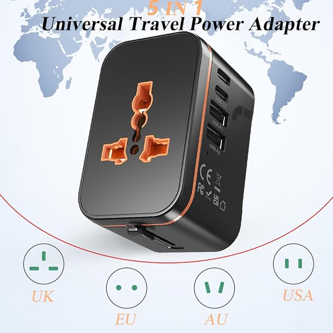 Universal Travel Power Adapter, 20W PD Fast Charging Adapter, International Travel Plug Converter with 2 USB A&C Ports, All-in-One Plug Converter for EU/UK/USA/AU, Ideal for Traveler, Business