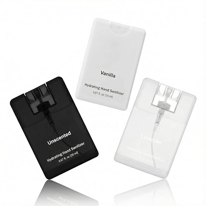 Set of 3 Power Mist Hydrating Hand Sanitizer Spray Bulk Travel Size Effective Hand Sanitizer 0.67 Fl. oz Compact Card Spray Bottle Lavender Vanilla Unscented for Adult Gifts Backpack Pocket Bag