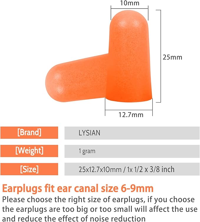 LYSIAN Soft Foam Earplugs 38dB SNR, 60 Pairs, Disposable Noise Cancelling Ear Plugs for Snoring, Working, Sleeping, Industrial - Orange (SA-7-5)