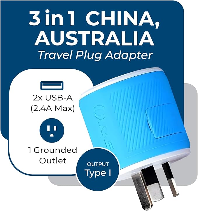 OREI Australia, New Zealand, China Travel Plug Adapter with Dual USB - Type I (U2U-16), Will Work with Cell Phones, Camera, Laptop, Tablets, iPad, iPhone and More