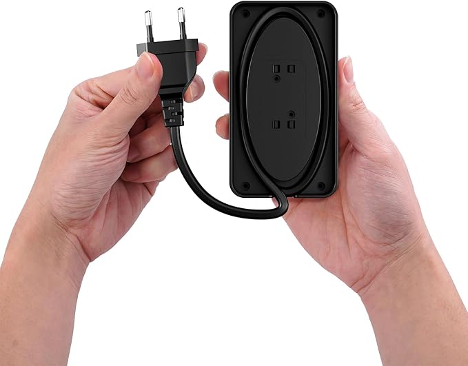 Kakyanill European Travel Plug Adapter, EU/UK/US Travel Plug Adapter Power Strip, 6 AC Outlets, 4 USB Ports (2 USB C), 3ft Wrapped Around Extension Cord, Compact for Travel, Black