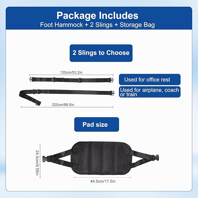 Foot Hammock for Plane Travel, Portable Foot Rest Leg Hammock for Airplane, 2 Straps with an Adjustable Length, Provides Relaxation and Comfortable for Long Flight