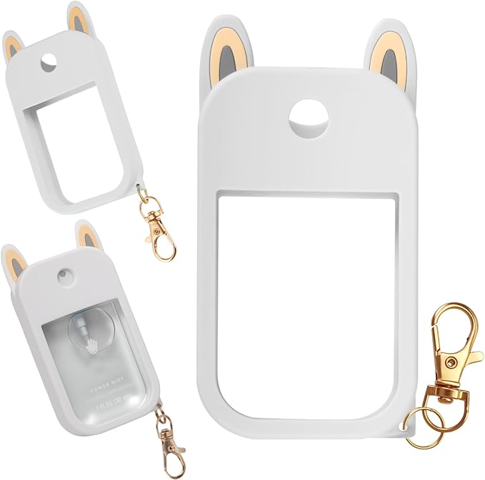 Cute Ear Silicone Case Compatible with Touchland Hand Sanitizer Spray (Fit for 1 FL.OZ), Protective Case with Keychain, Hand Sanitizer Holder(White)