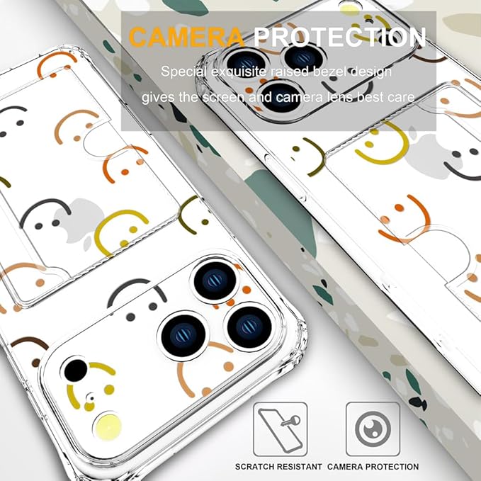Compatible with iPhone 17 Pro Max Case Card Holder for Women Cute Design,Wallet Phone Cases Transparent Cool Kawaii Protective (Clear Smiley Face)