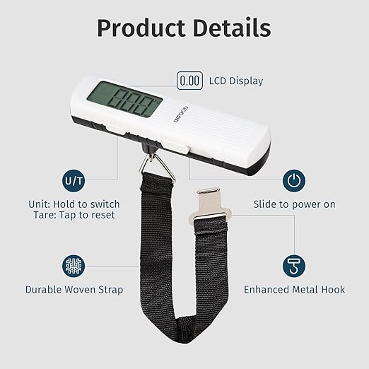 INFOOD Battery-Free Digital Luggage Scale, Suitcase Scale for Travel, Portable Luggage Weight Scale with Hook & LCD Display for Luggages, Packages & Bags, 110lb/50kg Handheld Scale, White