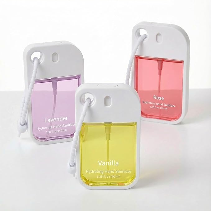 Set of 3 Power Mist Hydrating Hand Sanitizer Spray Bulk with Keychain Travel Size Refreshing Hand Sanitizer 1.35 Fl. oz Compact Card Spray Bottle Rose Lavender Vanilla Scent for Friends Gifts