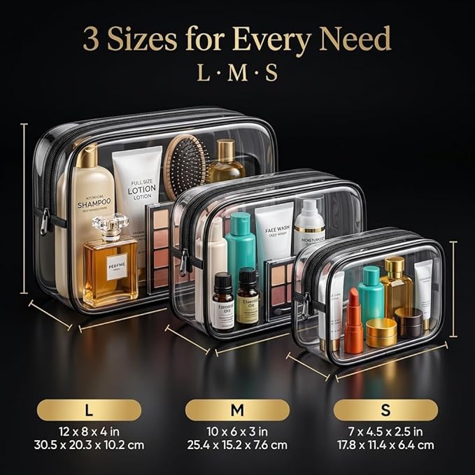 3 PCS Clear Travel Toiletries Bag, CAA Approved Waterproof Toiletry Bags, Clear Makeup Bags PVC Cosmetic Bag, Travel Essentials