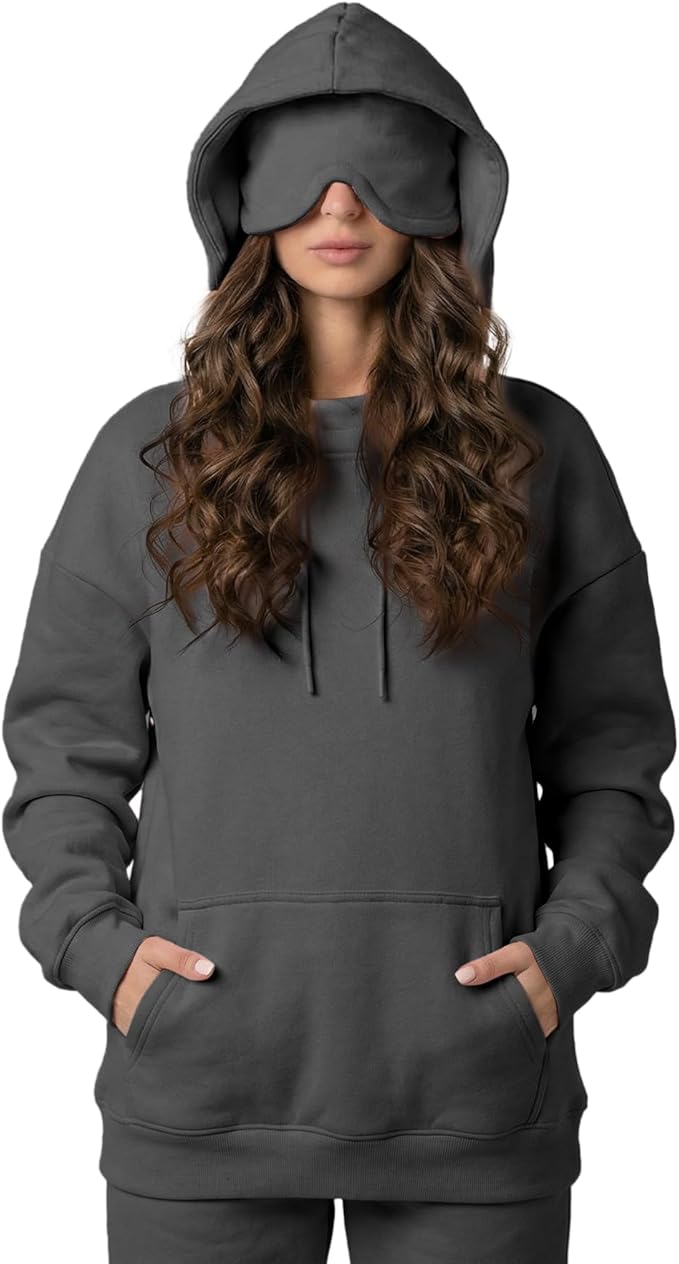Ainangua Womens Oversized Pullover Essentials Hoodie with Eye Mask Comfor Airplane Mode Travel Office Vacation Sweatshirt