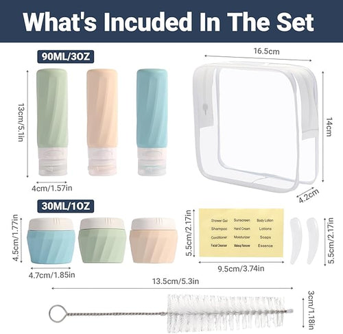 11 Pack Travel Bottles for Toiletries, TSA Approved 3oz Leak Proof Refillable Silicone Squeezable Containers Kit for Shampoo Lotion Conditioner with Toiletry Bag