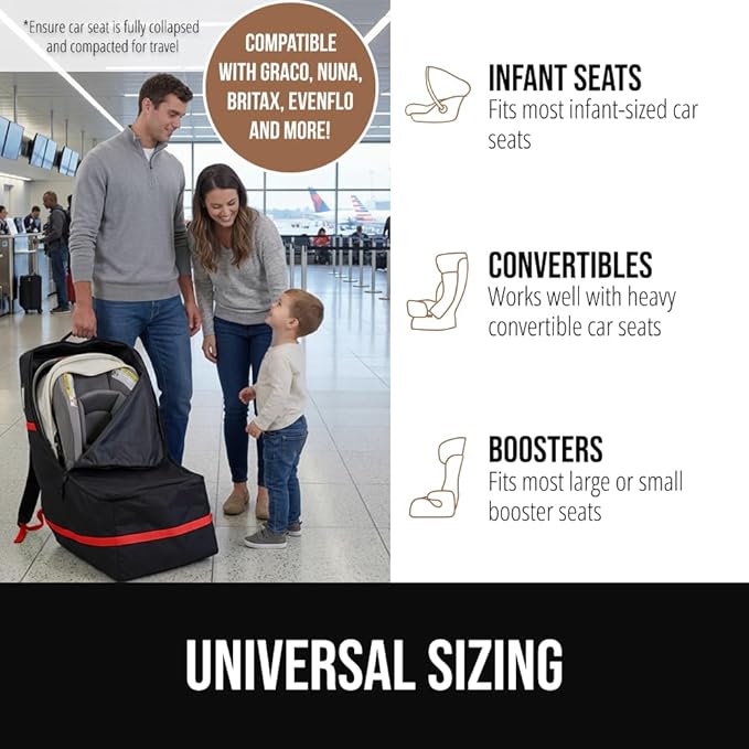 GORILLA GRIP Tear and Water Resistant Padded Car Seat Travel Bag for Airplane and Airport, Universal Fit Baby Carseat Bags, Holds Up to 50lbs, Handle & Shoulder Straps, Air Gate Check Carrier, Red