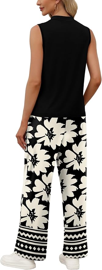 WIHOLL Two Piece Set for Women Summer Spring Outfits Cruise Travel Airport Beach Vacation Mock Neck Wide Leg Pants Set