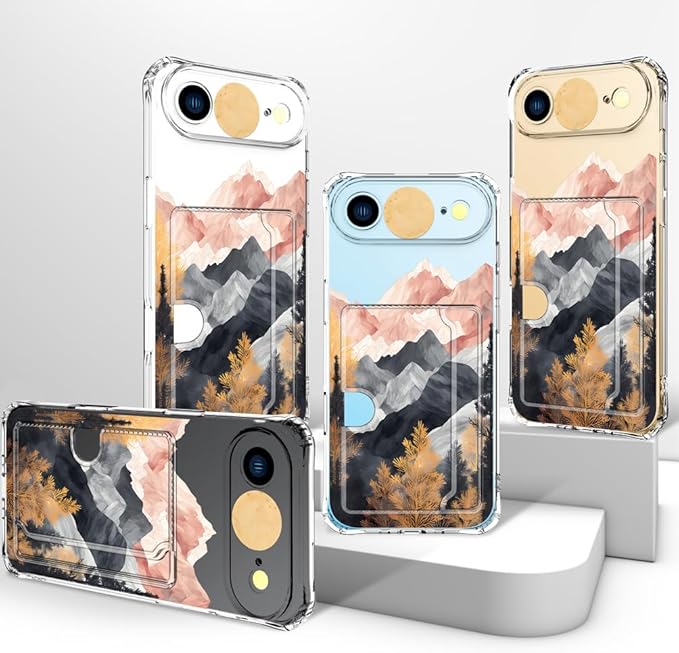 Compatible with iPhone 17 Air Case Card Holder for Women Cute Design,Wallet Phone Cases Transparent Cool Kawaii Protective (Clear Mountain Hill Landscape)