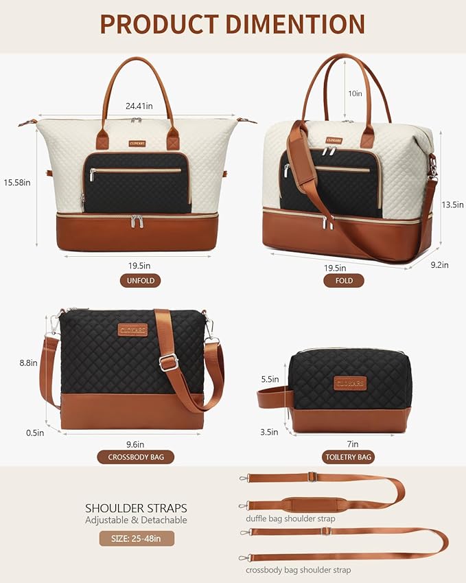 Weekender Bags for Women, Travel Duffle Bag Carry On Overnight Bag with Cosmetics Bag and Crossbody Purse for Gym Hospital, Gifts for Women, Beigeblack Brown