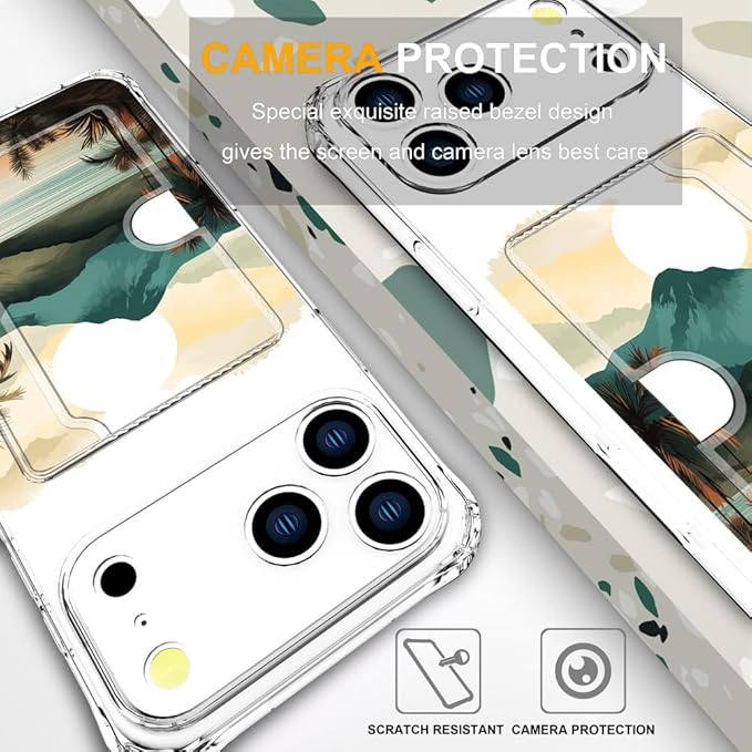 Compatible with iPhone 17 Pro Max Case Card Holder for Women Cute Design,Wallet Phone Cases Transparent Cool Kawaii Protective (Clear Ocean Sun Mountains Sunset)