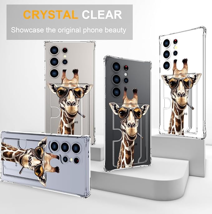 Compatible with Samsung Galaxy S24 Ultra Case Card Holder for Women Cute Design,Wallet Phone Cases Transparent Cool Kawaii Protective (Clear Giraffe Smoking Animal)
