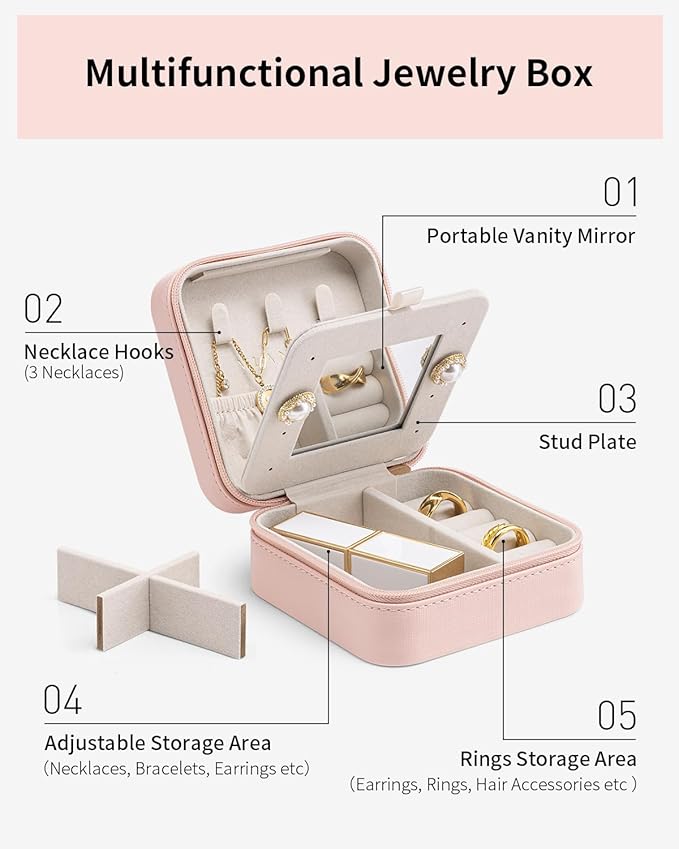 Vlando Valentines Day Gifts for Her- Small Travel Jewelry Box Organizer -Jewelry Display Case for Girls Women Bridesmaid Gift Rings Earrings Necklaces Storage with Mirror Pink