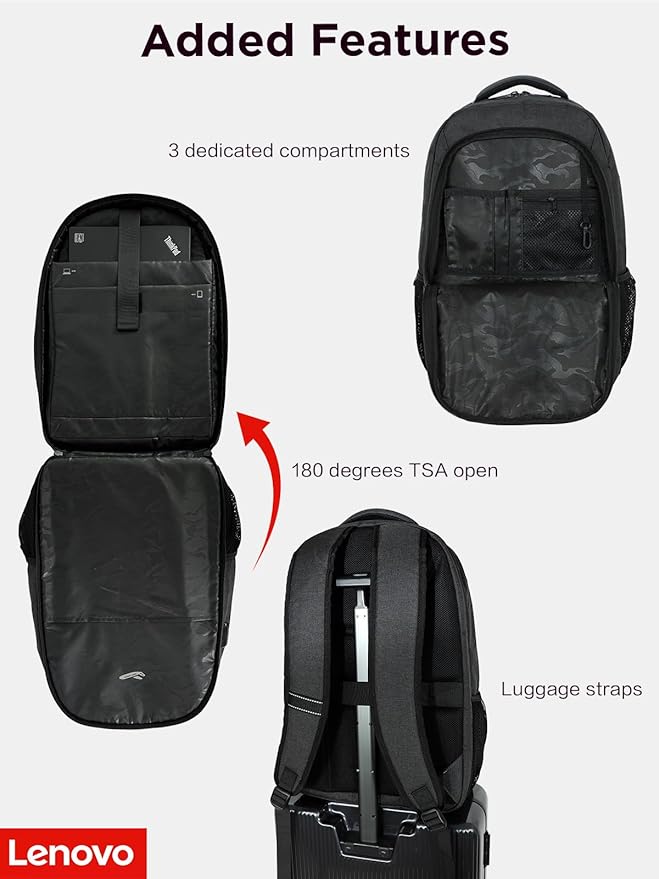 Lenovo B325 Laptop Backpack 35L – Anti-Theft, Water-Resistant, USB Charging Port, Fits 16-Inch Laptops, 2 Compartments, Luggage Strap, Travel Backpack for Work, School, Men & Women, Black