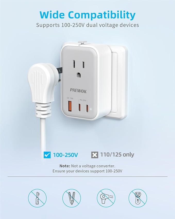 PAEWOK Travel Adapter PD 20W, Mini Universal Travel Adapter with 1 AC Outlet and USB Fast Charging, Ultra Thin International Plug Adaptor for US to European UK Italy Spain New Zealand (Type C G A I)