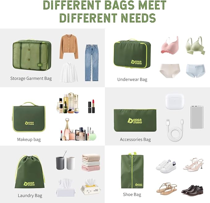 8-Piece Expandable Packing Cubes Set with Hanging Toiletry Bag, Lightweight Compression Travel Organizers for Carry-On Suitcase (Green)