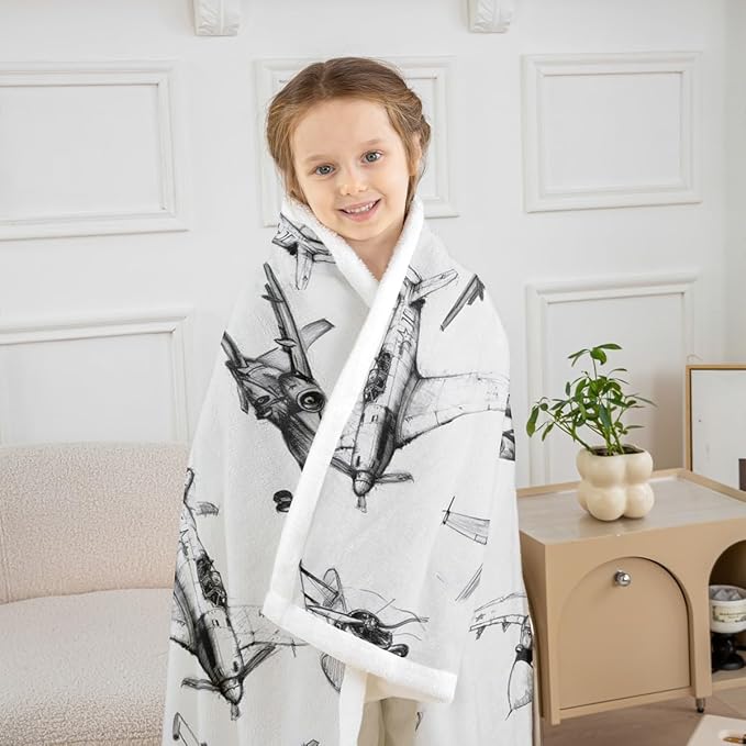 Airplane Kids Throw Blanket,American Aircraft Retro Bed Blanket for Girls Boys Adults,Air Vehicles Airplane Fleece Blanket,Black White Chic Fuzzy Blanket,40 x 50 Inches