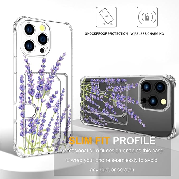 Compatible with iPhone 16 Pro Case Card Holder for Women Cute Design,Wallet Phone Cases Transparent Cool Kawaii Protective (Clear Purple Lavender)