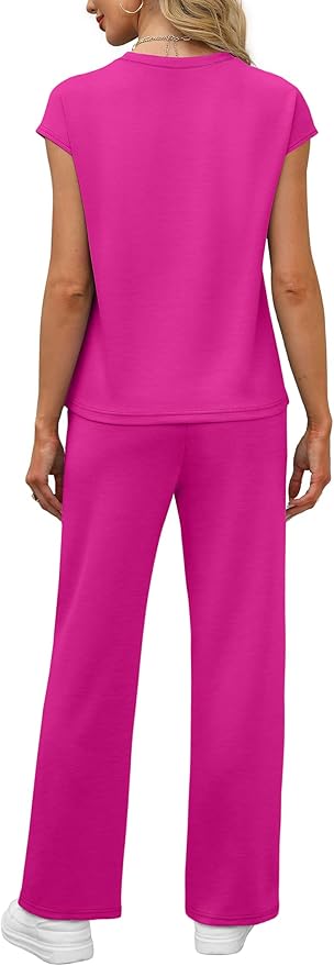 WIHOLL 2 Piece Sets for Women Casual Summer Travel Vacation Outfits Cap Sleeve Lounge Set