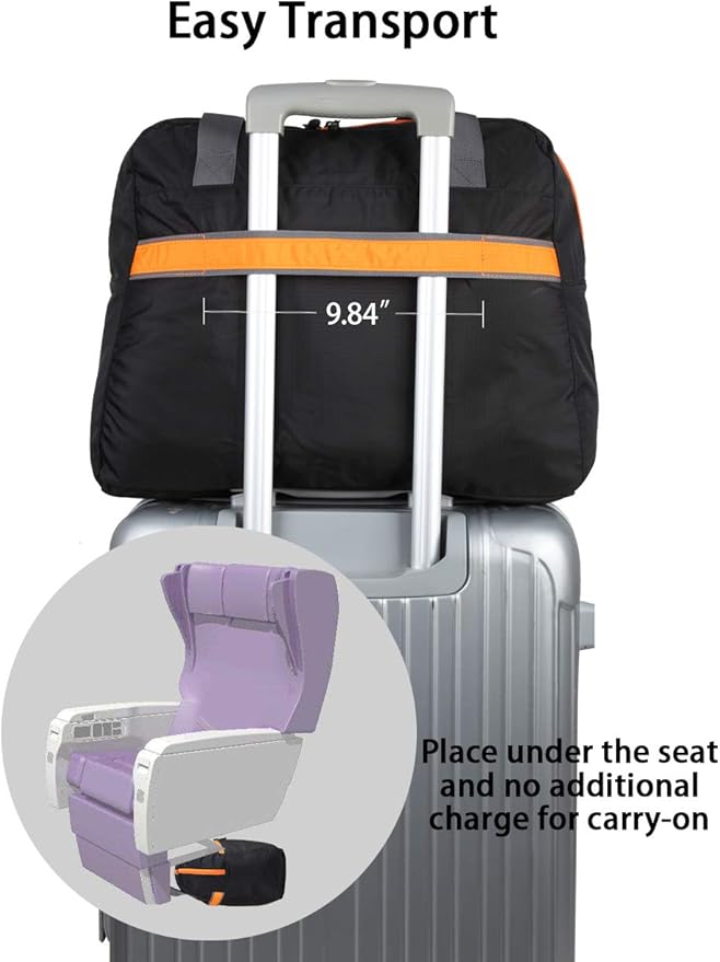 GOX Ultra Light Foldable Packable Tote Bag Weekender Crossbody Duffel Nylon for Women Small Travel Tote under Seat Shoulder Bag on Plane Extra Large Bag with Zipper (Black&Orange)
