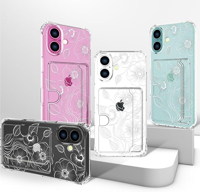 Compatible with iPhone 17 Case Card Holder for Women Cute Design,Wallet Phone Cases Transparent Cool Kawaii Protective (Clear Seamless Abstract Flower)