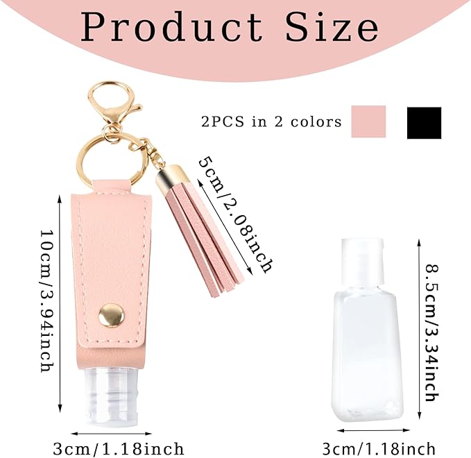2PCS Hand Sanitizer Travel Size Keychain, Portable Hand Sanitizer Keychain with Plastic Empty Squeeze Bottle for Toiletry Shampoo Lotion Soap (Black+Pink)
