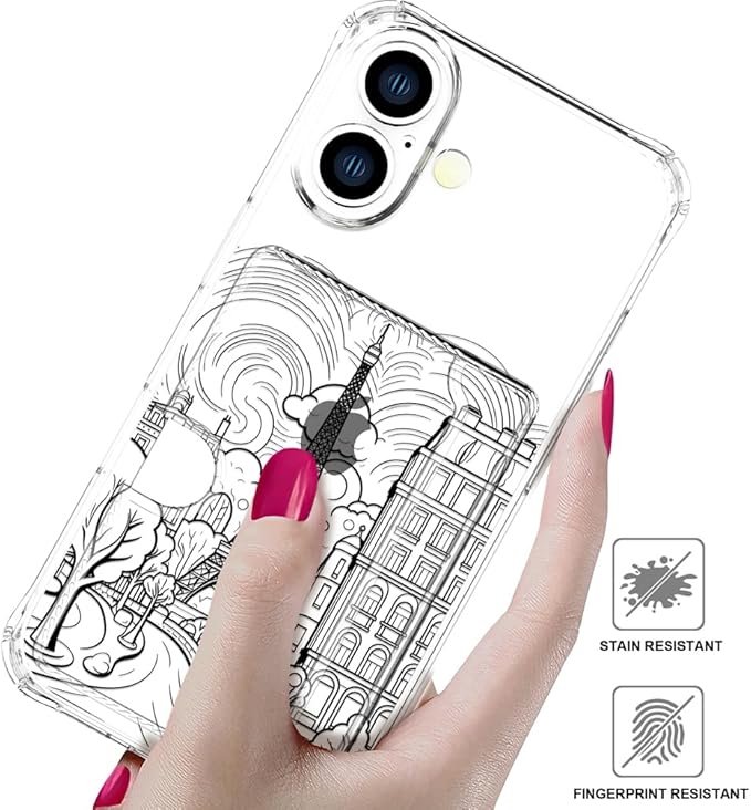 Compatible with iPhone 16 Plus Case Card Holder for Women Cute Design,Wallet Phone Cases Transparent Cool Kawaii Protective (Clear Paris City Eiffel Tower)