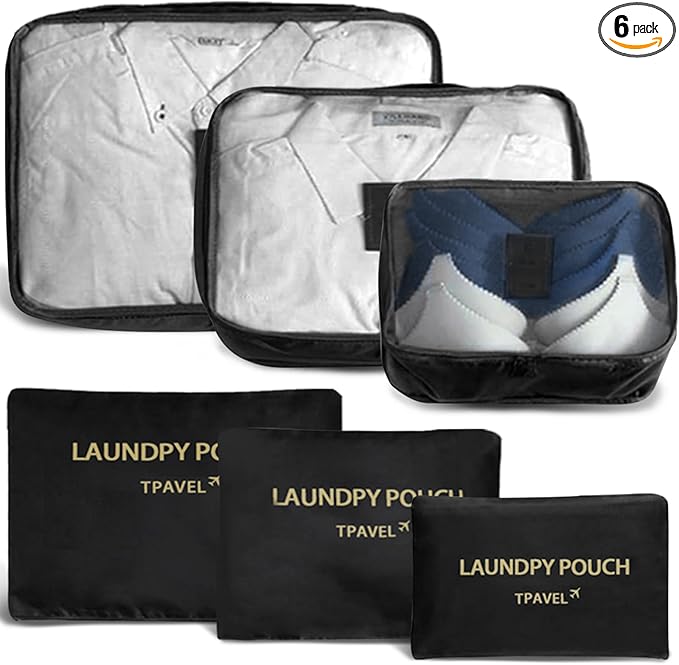 6 Set Packing Cubes for Travel Luggage Packing Bags Reusable Waterproof Suitcase Organizer Bags Set with Shoe Bag and Toiletry Bag (Black)