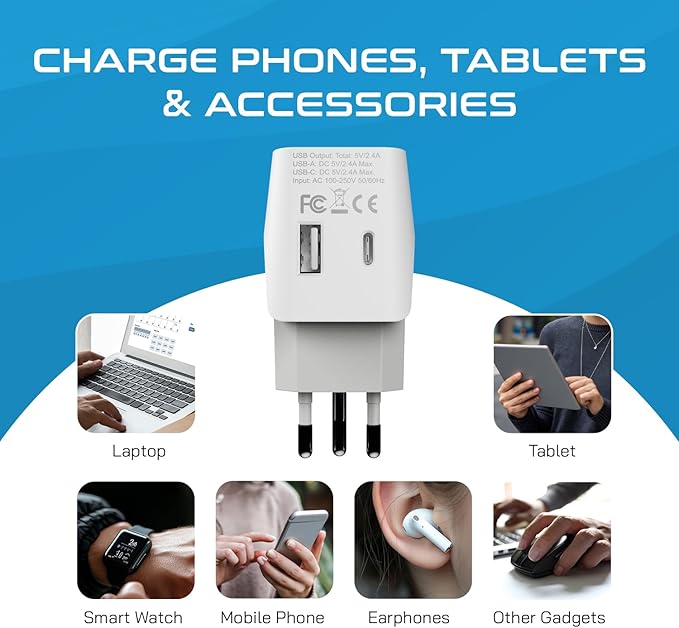 Ceptics Brazil Travel Plug Set - with 2 USB + USA Socket Input - Type C and Type N- Ultra Compact - Safe Grounded Perfect for Cell Phones, Laptops, Camera Chargers