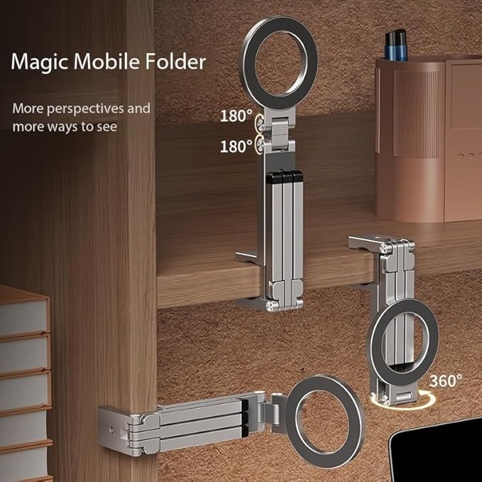 360° Rotation Magnetic Phone Stand with Tripod,Portable and Foldable Aluminium Alloy Phone Holder,Suitable for iPhone and All Mobile Phones,Essential Items for Flying or Traveling（Gray）