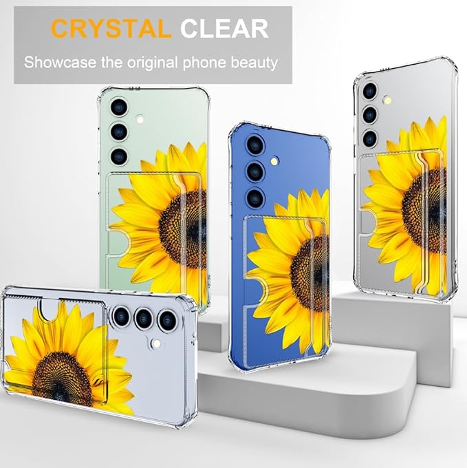 Compatible with Samsung Galaxy S24+ Plus / S25+ Plus Case Card Holder for Women Cute Design,Wallet Phone Cases Transparent Cool Kawaii Protective (Clear Sunflower Sun Flower)
