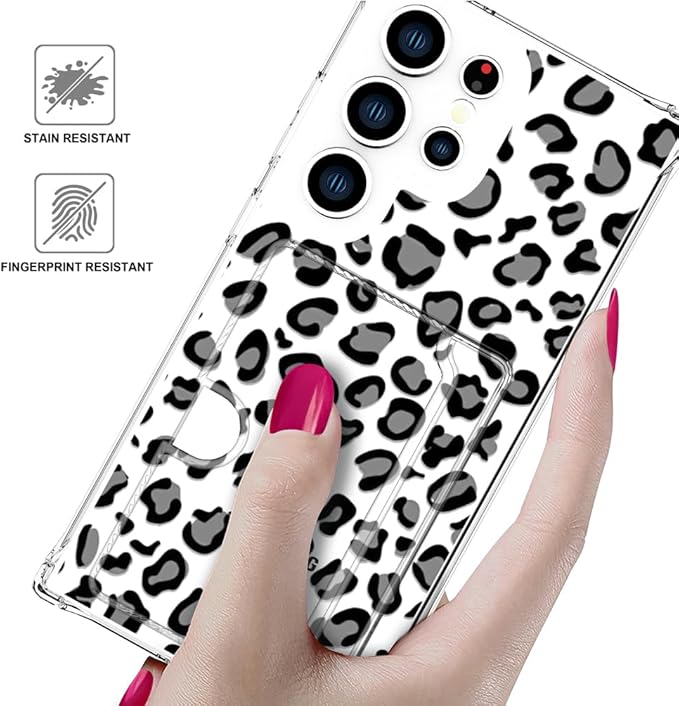 Compatible with Samsung Galaxy S24 Ultra Case Card Holder for Women Cute Design,Wallet Phone Cases Transparent Cool Kawaii Protective (Clear Leopard Cheetah Design)
