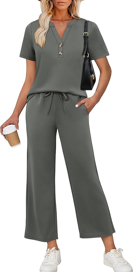 OFEEFAN 2 Piece Sets for Women Spring Fashion Beach Vacation Cruise Outfit Dressy Casual Wide Leg Crop Pants Resort Wear