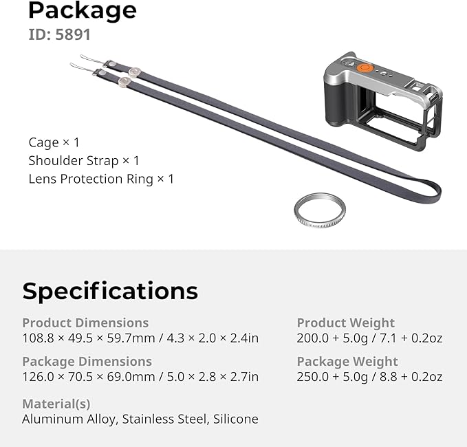 SMALLRIG Street Grip Kit for DJI Osmo Action 6, All-in-one Cage Kit with Cold Shoe, Shoulder Strap, Lens Protection Ring, Protective Frame with 1/4"-20 Locating Holes, for Street Photography-5891