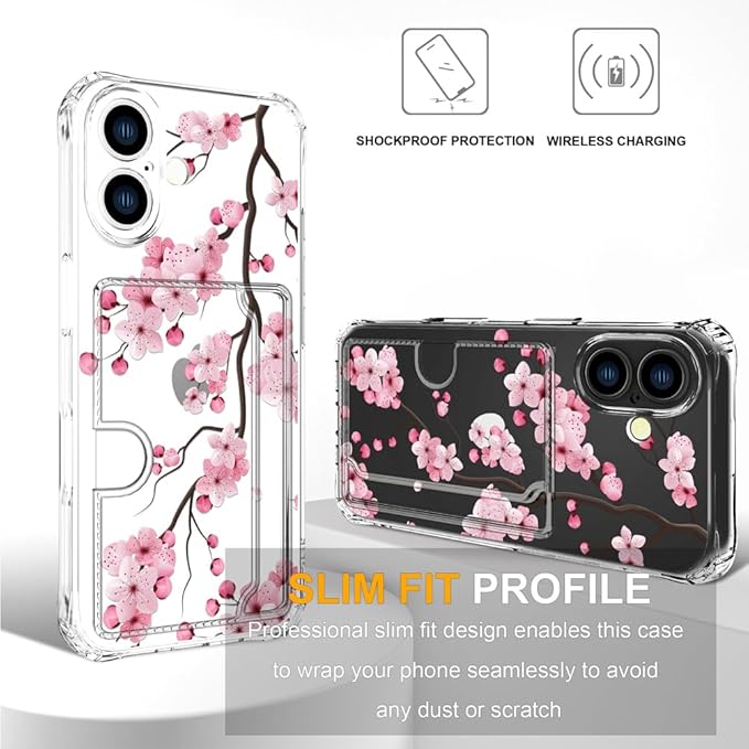 Compatible with iPhone 16 Case Card Holder for Women Cute Design,Wallet Phone Cases Transparent Cool Kawaii Protective (Clear Sakura Peach Cherry)