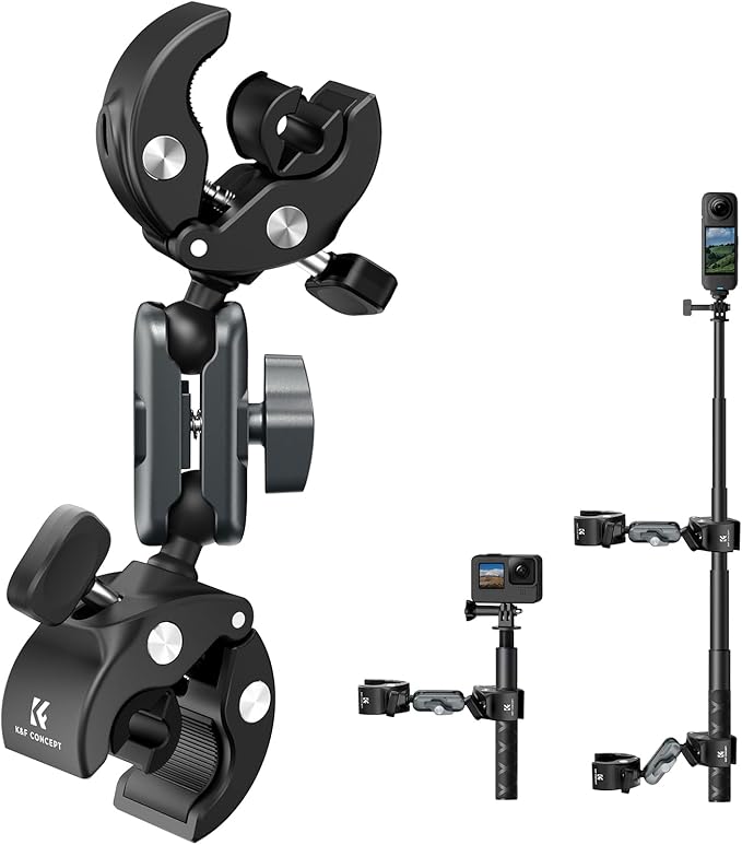 K&F CONCEPT Dual Super Clamp Camera Mount with 360° Ball Head, Bike/Motorcycle Handlebar Mount for Pole, Tripod, Desk, Flag, Umbrella