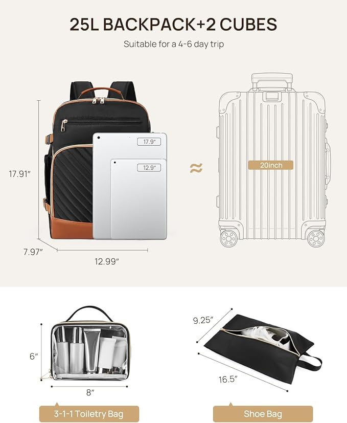 Telena Travel Backpack for Women, 17.3 inch Laptop TSA Carry On Personal Item Size Flight Approved Travel Bag Daypack with Multi-Pockets for Work, Travel, Business, Black-Brown