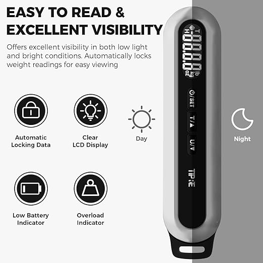 TIPRE Travel Luggage Scale 110lb Digital Suitcase Scale Portable Weight Scale Handheld Baggage Scale High Precision Stainless Steel Luggage Scale Carry-on Weight Scale Lightweight Travel Tool