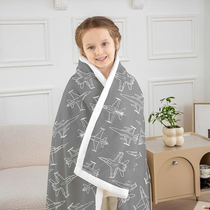 Cartoon Airplane Kids Throw Blanket,American Aircraft Toddler Bed Blanket for Girls Boys Adults,Hand-Painted Air Plane Fleece Blanket,Grey White Unique Fuzzy Blanket,Baby Size (30 x 39 Inches)